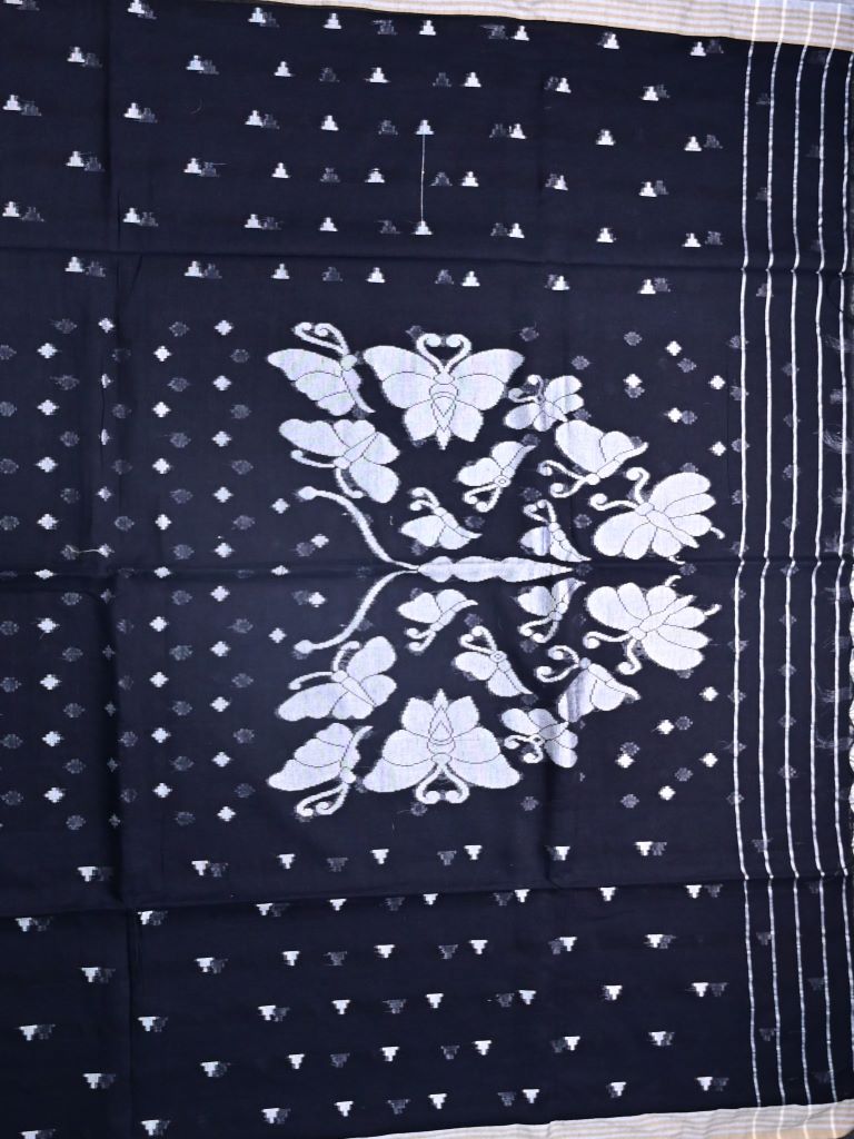 Lenin cotton saree black color allover weaves & small kaddi border with self pallu and attached blouse