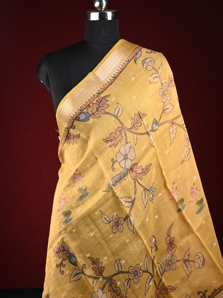 Tissue kalamkari dupatta golden yellow color with allover digital prints and zari border
