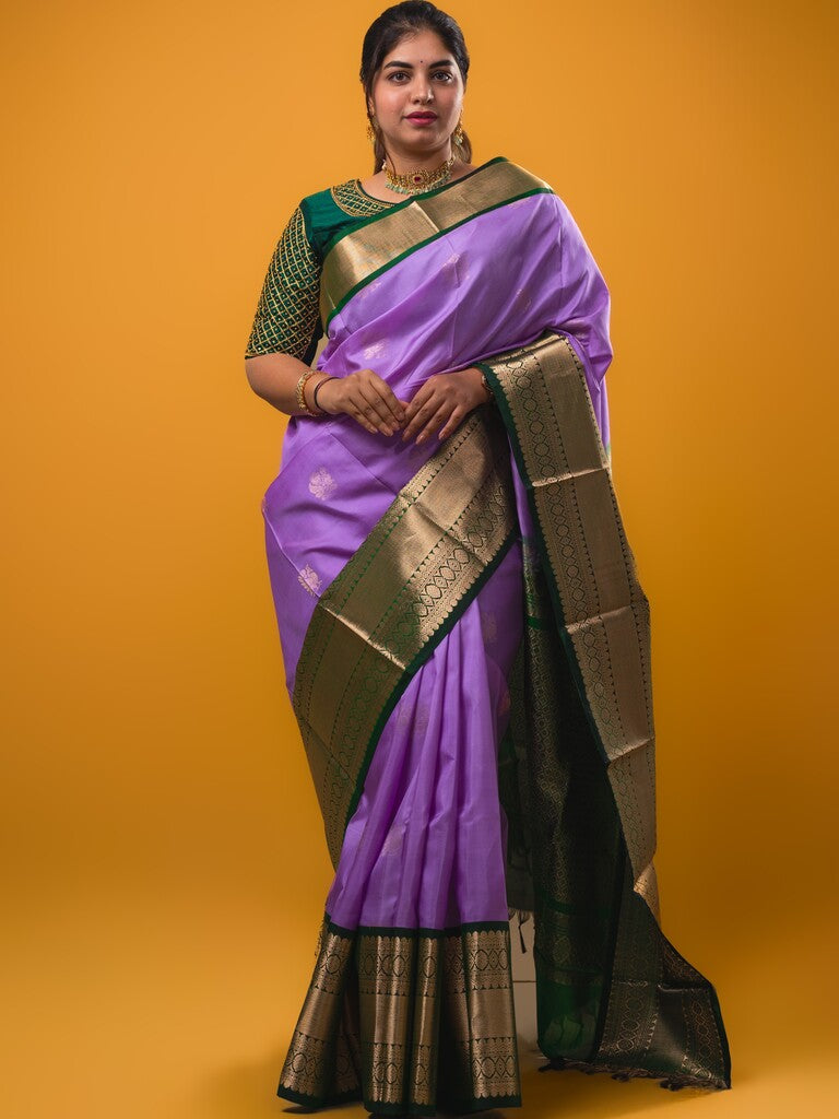 Pethambari pattu saree lavender color allover zari motifs & kanchi border with rich pallu and attached plain blouse