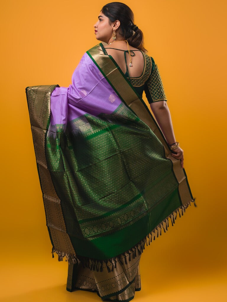 Pethambari pattu saree lavender color allover zari motifs & kanchi border with rich pallu and attached plain blouse