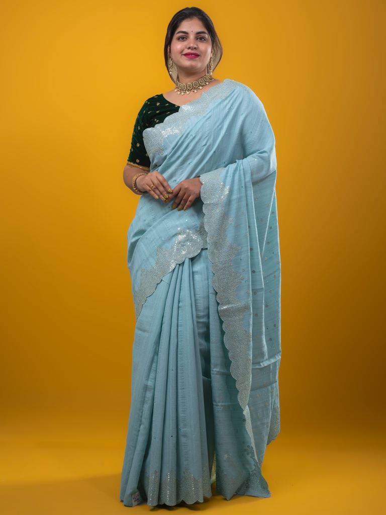 Kosa silk fancy saree light blue color allover mirror work & embroidery cutwork border with running pallu and attached blouse