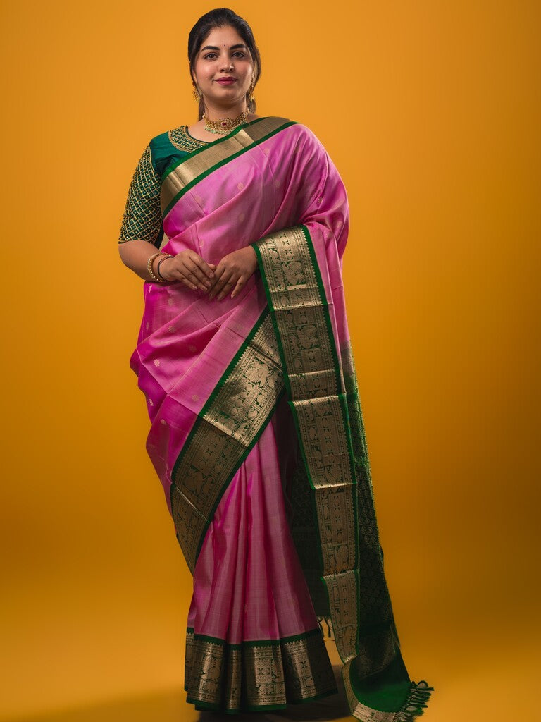 Pethambari pattu saree light pink color allover zari motifs & kanchi border with rich pallu and attached plain blouse