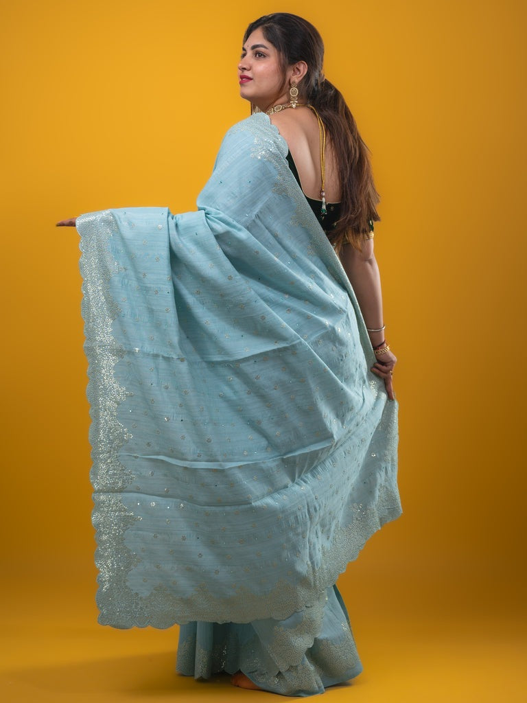 Kosa silk fancy saree light blue color allover mirror work & embroidery cutwork border with running pallu and attached blouse