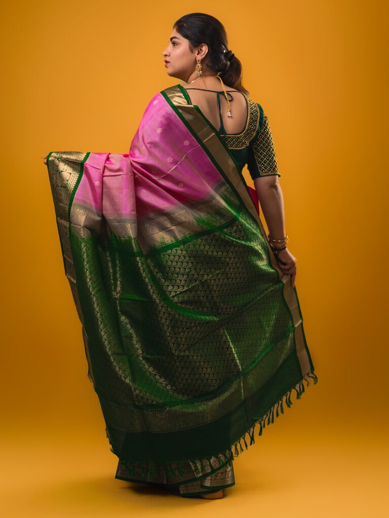 Pethambari pattu saree light pink color allover zari motifs & kanchi border with rich pallu and attached plain blouse