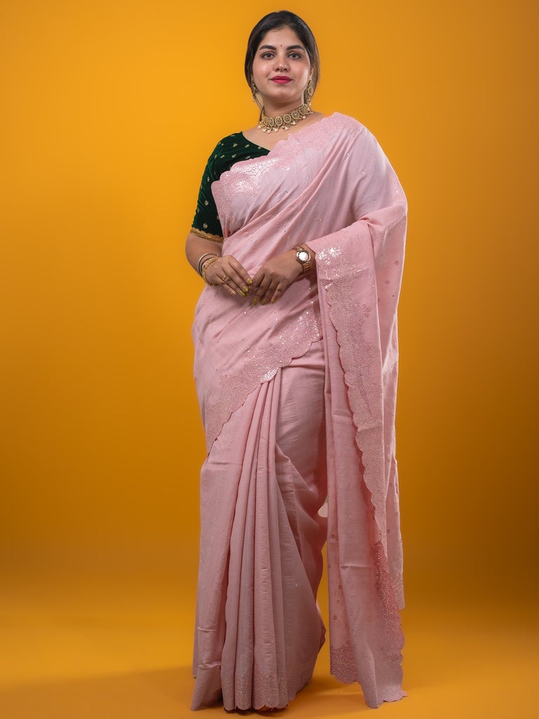 Kosa silk fancy saree baby pink color allover mirror work & embroidery cutwork border with running pallu and attached blouse