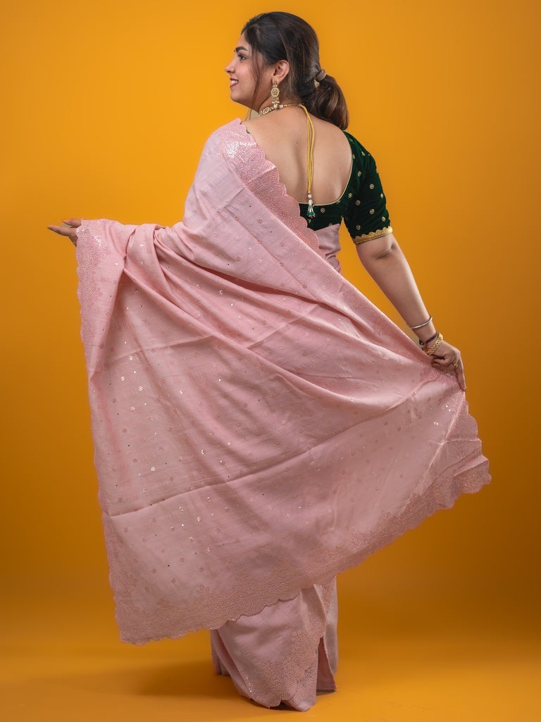 Kosa silk fancy saree baby pink color allover mirror work & embroidery cutwork border with running pallu and attached blouse