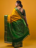 Pethambari pattu saree golden yellow color allover zari motifs & kanchi border with rich pallu and attached plain blouse