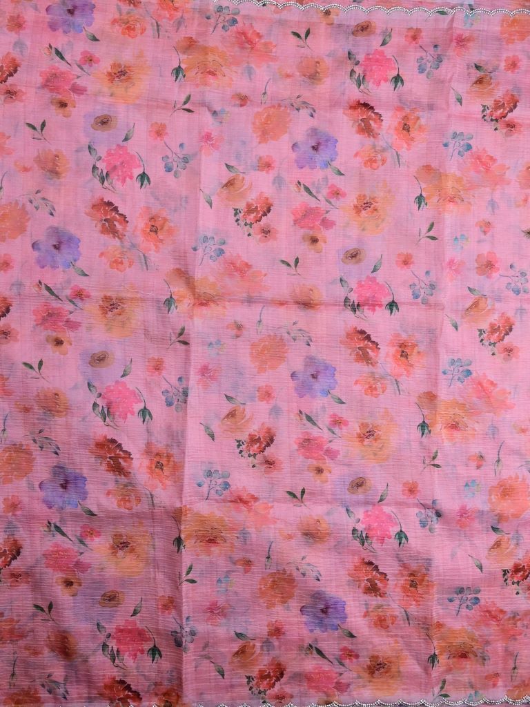 Soft organza fancy saree baby pink color allover digital prints & cutwork embroidery border with running pallu and printed blouse