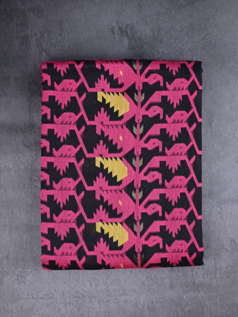 Bengali cotton saree black color allover prints with printed pallu and contrast blouse