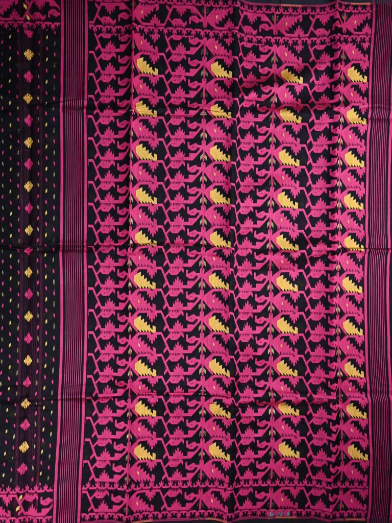 Bengali cotton saree black color allover prints with printed pallu and contrast blouse