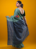 Bhagalpur fancy saree grey color allover stripes, floral weaves with contrast pallu and attached contrast blouse