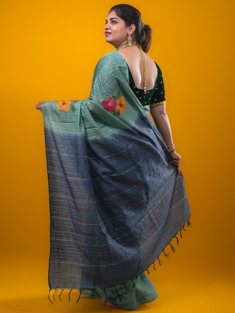 Bhagalpur fancy saree grey color allover stripes, floral weaves with contrast pallu and attached contrast blouse
