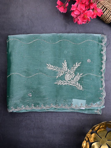 Organza shimmer fancy saree leaf green color allover embroidery motifs & embroidery border with running pallu and embroidery blouse