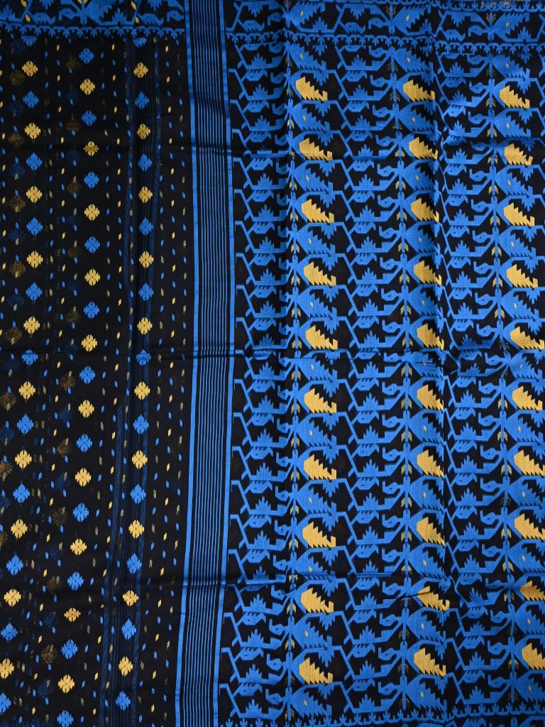 Bengali cotton saree black color allover prints with printed pallu and attached blouse