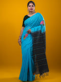 Bhagalpur fancy saree sky blue color allover stripes, floral weaves with contrast pallu and attached contrast blouse