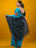Bhagalpur fancy saree sky blue color allover stripes, floral weaves with contrast pallu and attached contrast blouse