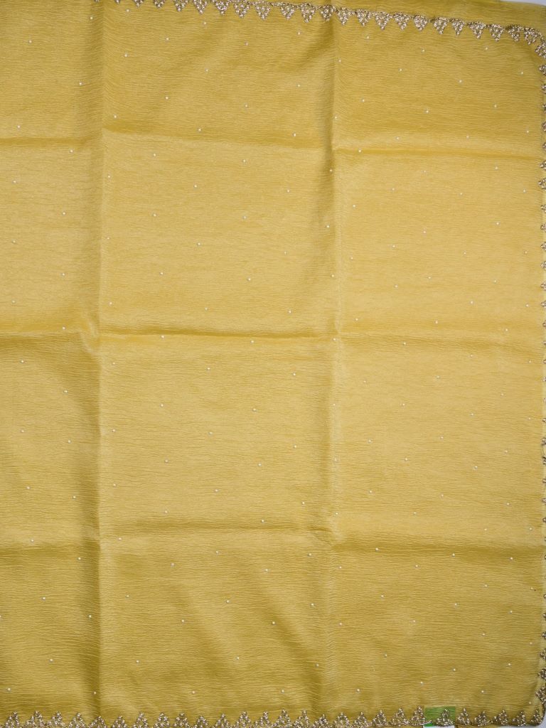 Chiffon crush fancy saree light yellow color allover stone work & embroidery border with running pallu and attached self blouse