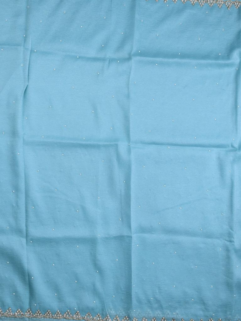 Chiffon crush fancy saree sky blue color allover stone work & embroidery border with running pallu and attached self blouse