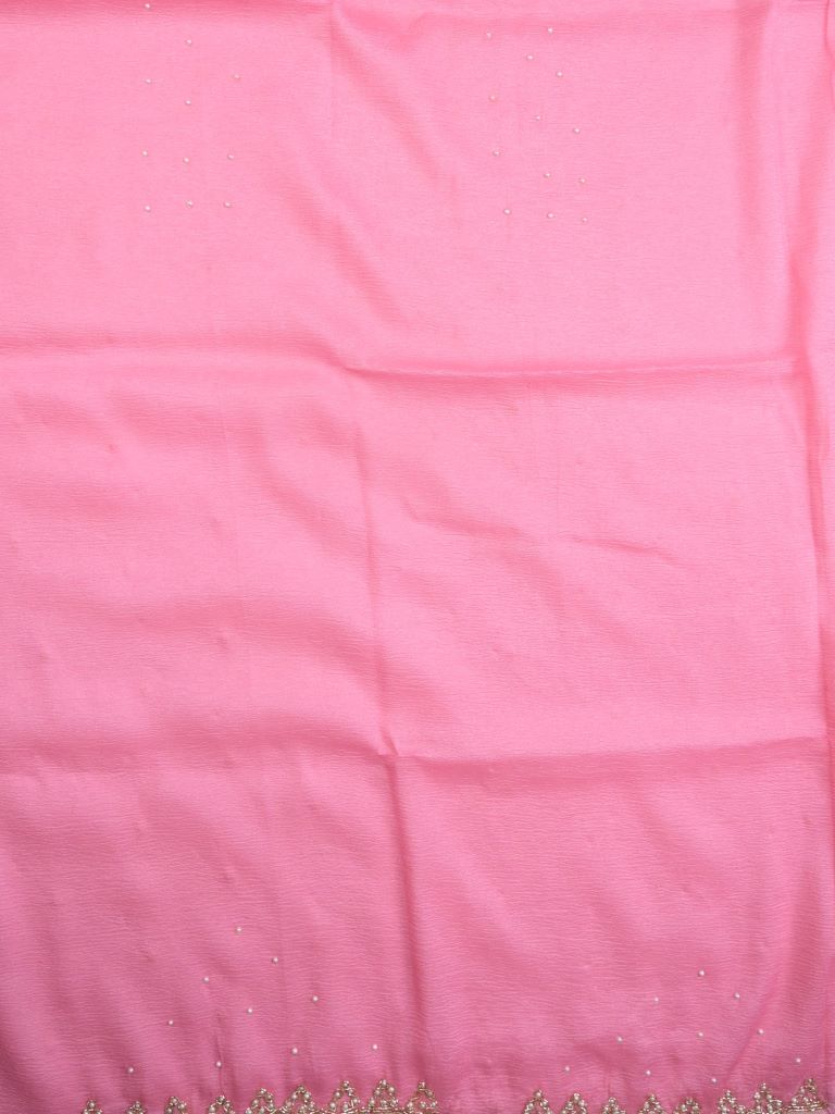 Chiffon crush fancy saree baby pink color allover stone work & embroidery border with running pallu and attached self blouse
