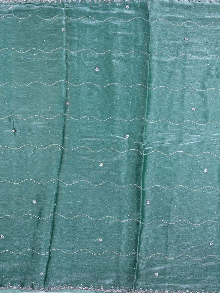 Organza shimmer fancy saree leaf green color allover embroidery motifs & embroidery border with running pallu and embroidery blouse