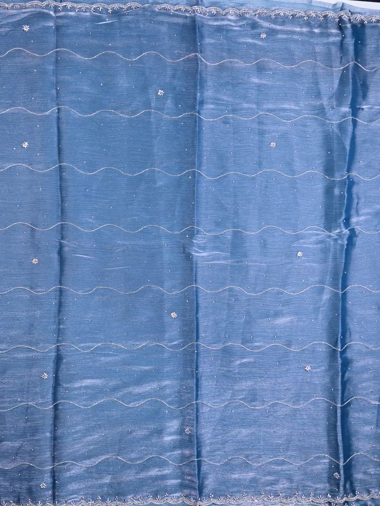 Organza shimmer fancy saree cyan blue color allover embroidery motifs & embroidery border with running pallu and embroidery blouse