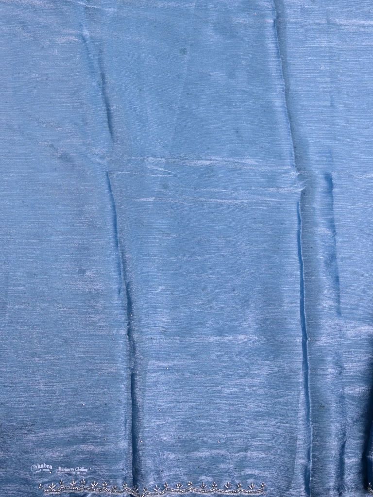 Organza shimmer fancy saree cyan blue color allover embroidery motifs & embroidery border with running pallu and embroidery blouse