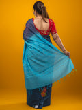 Bhagalpur fancy saree navy blue color allover stripes, floral weaves with contrast pallu and attached contrast blouse