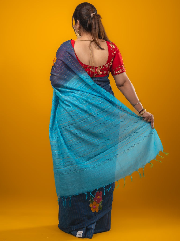 Bhagalpur fancy saree navy blue color allover stripes, floral weaves with contrast pallu and attached contrast blouse