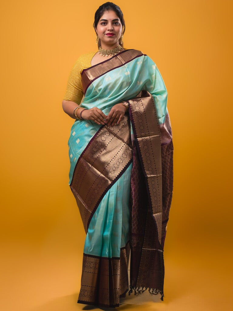 Pethambari pattu saree light blue color allover zari motifs & kanchi border with rich pallu and attached plain blouse