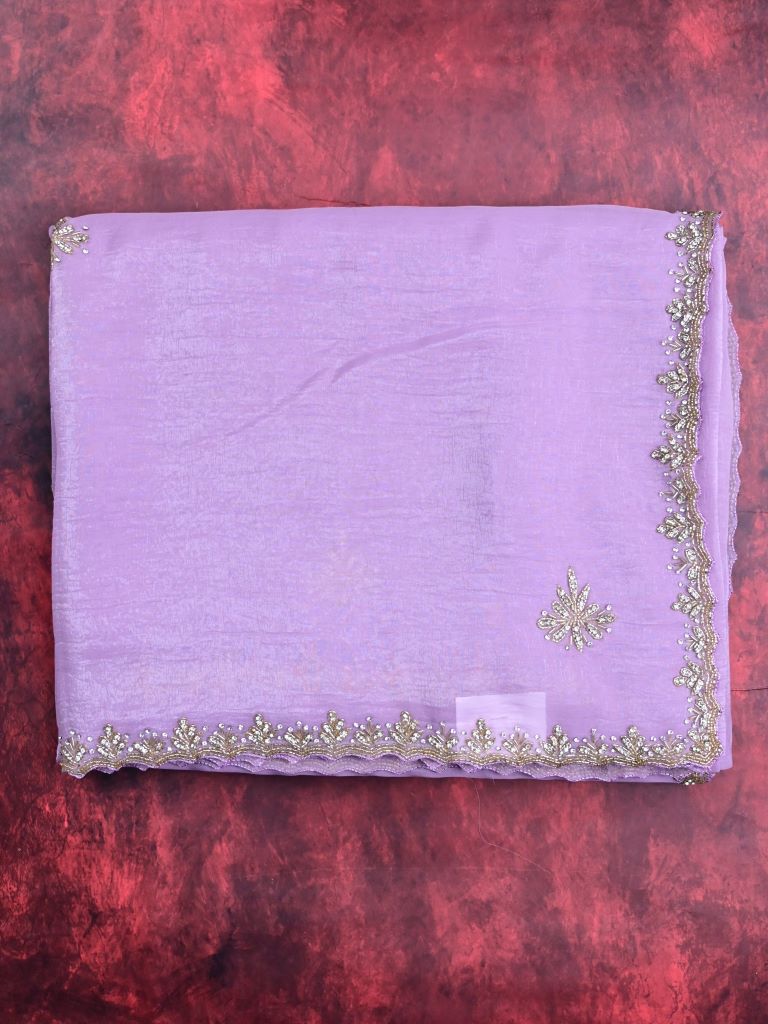 Organza shimmer lavender color allover embroidery butis & embroidery border with running pallu and attached blouse