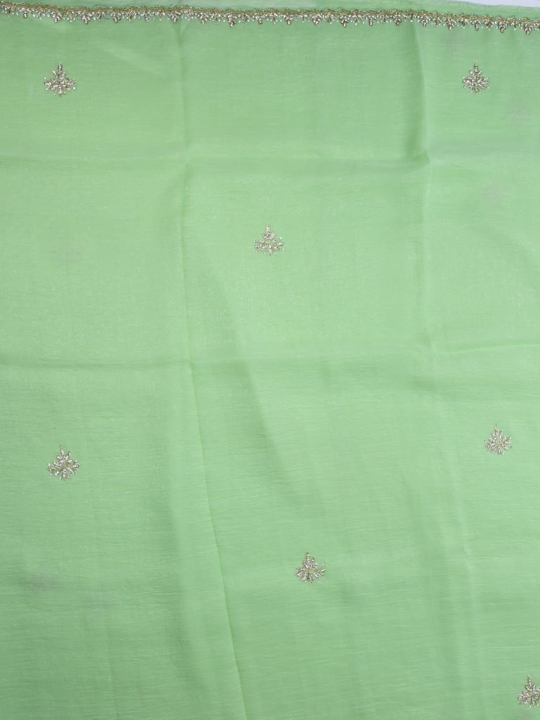 Organza shimmer pista green color allover embroidery butis & embroidery border with running pallu and attached blouse