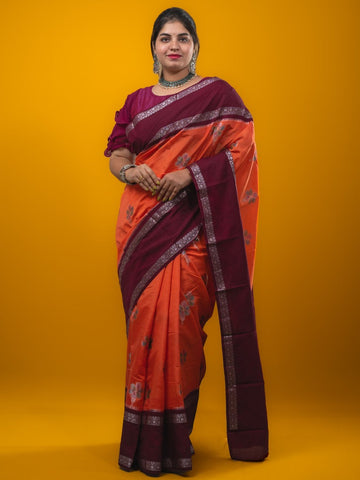 Banaras fancy saree orange color allover zari motifs & kaddi border with contrast brocade pallu and brocade blouse