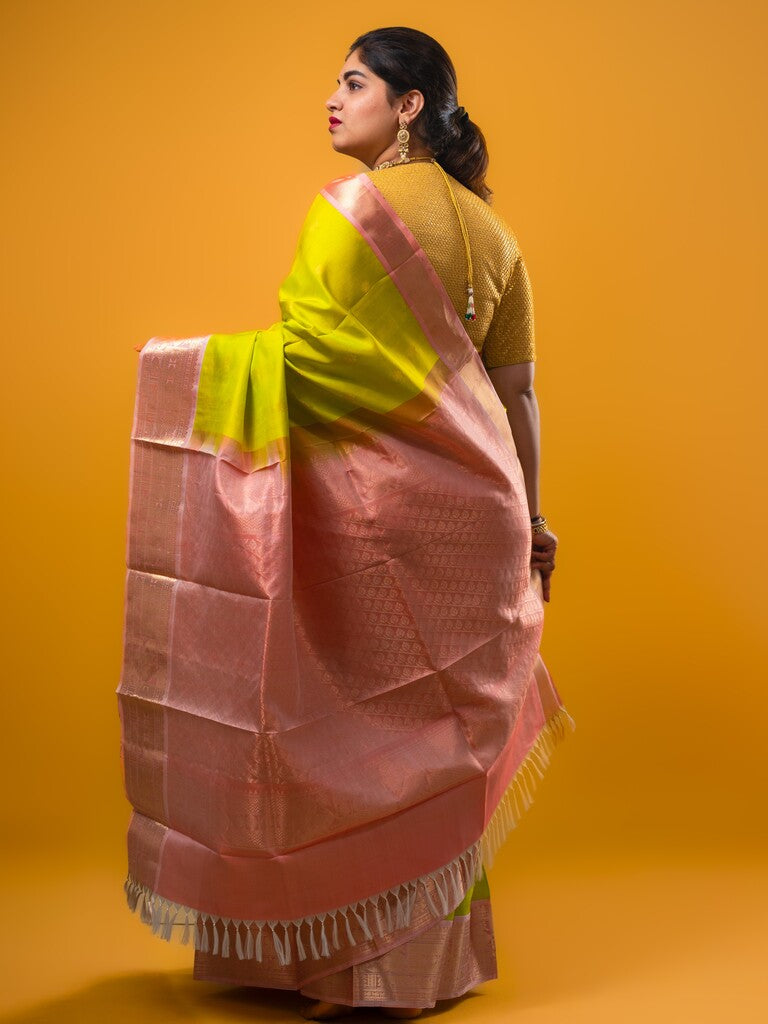 Pethambari pattu saree green color allover zari motifs & kanchi border with rich pallu and attached plain blouse