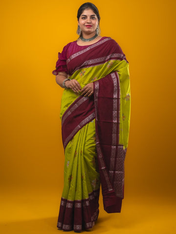 Banaras fancy saree lime green color allover zari motifs & kaddi border with contrast brocade pallu and brocade blouse