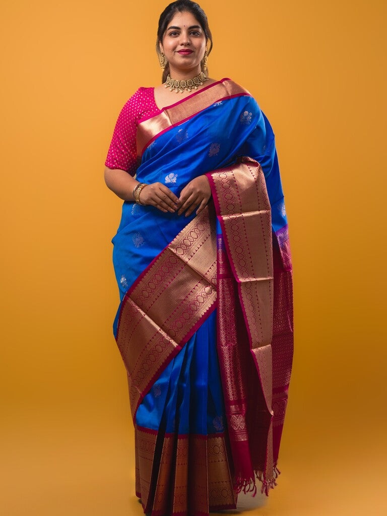 Pethambari pattu saree royal blue color allover zari motifs & kanchi border with rich pallu and attached plain blouse