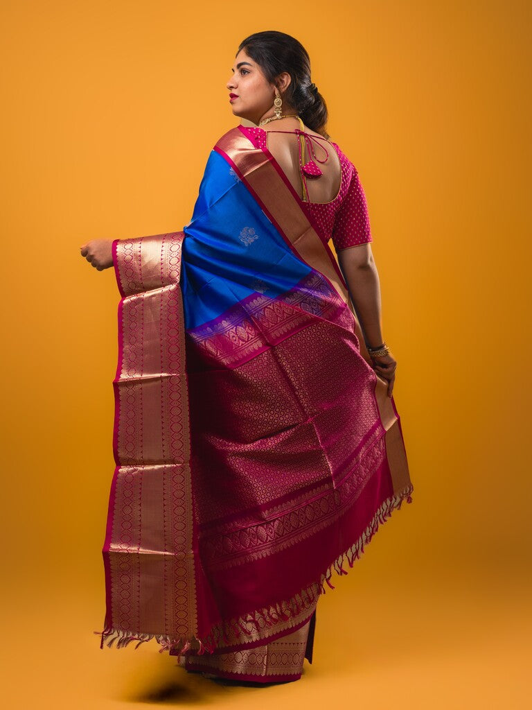 Pethambari pattu saree royal blue color allover zari motifs & kanchi border with rich pallu and attached plain blouse
