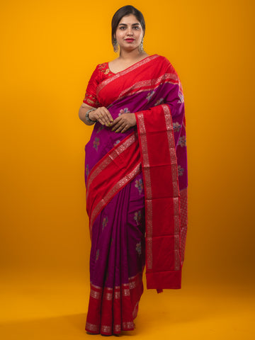 Banaras fancy saree magenta color allover zari motifs & kaddi border with contrast brocade pallu and brocade blouse