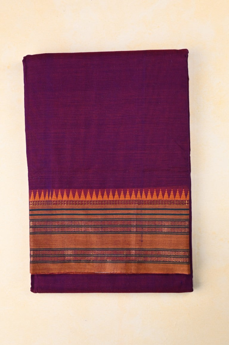 Narayanpet cotton saree purple color with contrast zari border, short pallu and plain blouse.