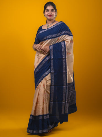 Banaras fancy saree ligh peach color allover zari motifs & kaddi border with contrast brocade pallu and brocade blouse