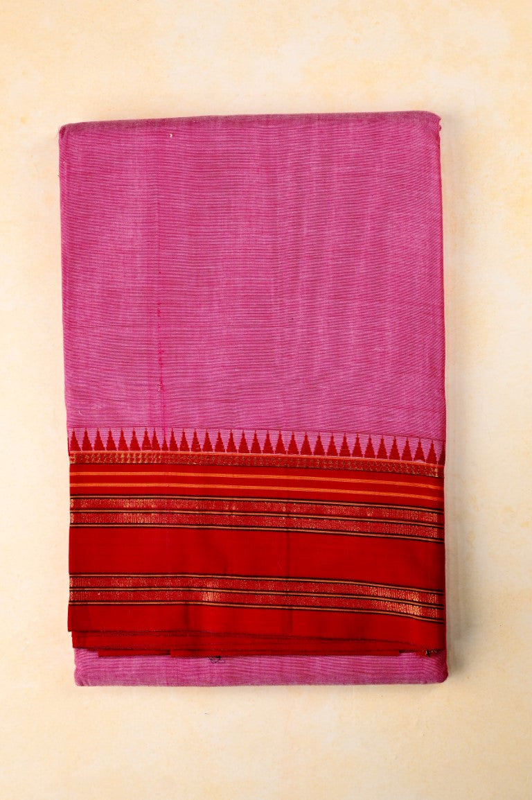 Narayanpet cotton saree baby pink color with contrast zari border, short pallu and plain blouse.