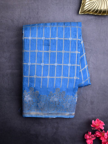 Matka kadhi fancy saree sky blue color allover zari checks with motifs & zari border with short pallu and plain self blouse