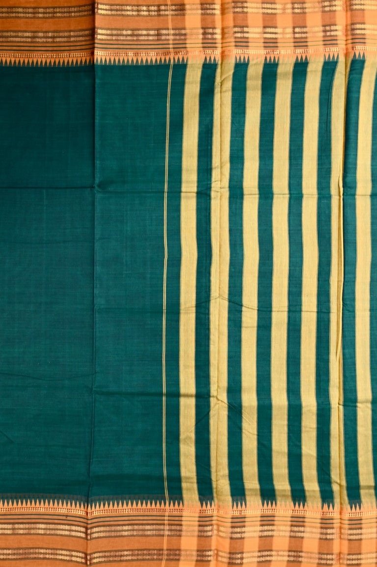 Narayanpet cotton saree bottle green color with contrast zari border, short pallu and plain blouse.