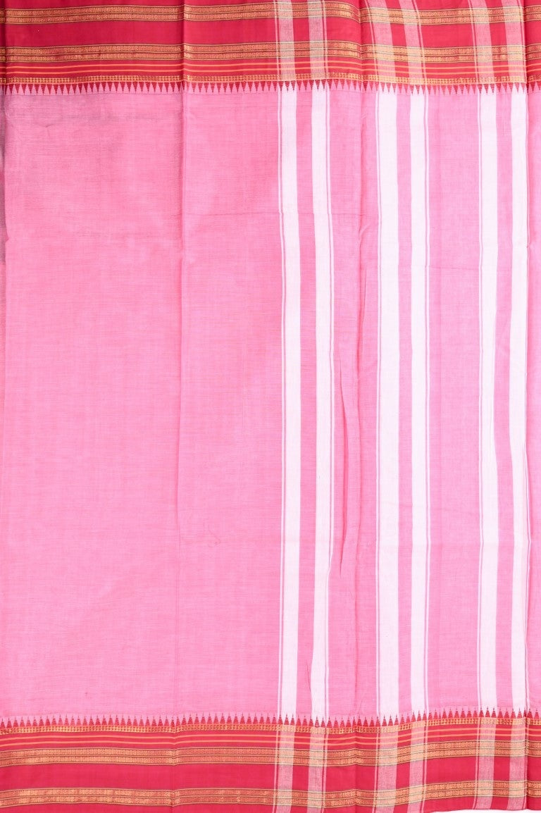 Narayanpet cotton saree baby pink color with contrast zari border, short pallu and plain blouse.