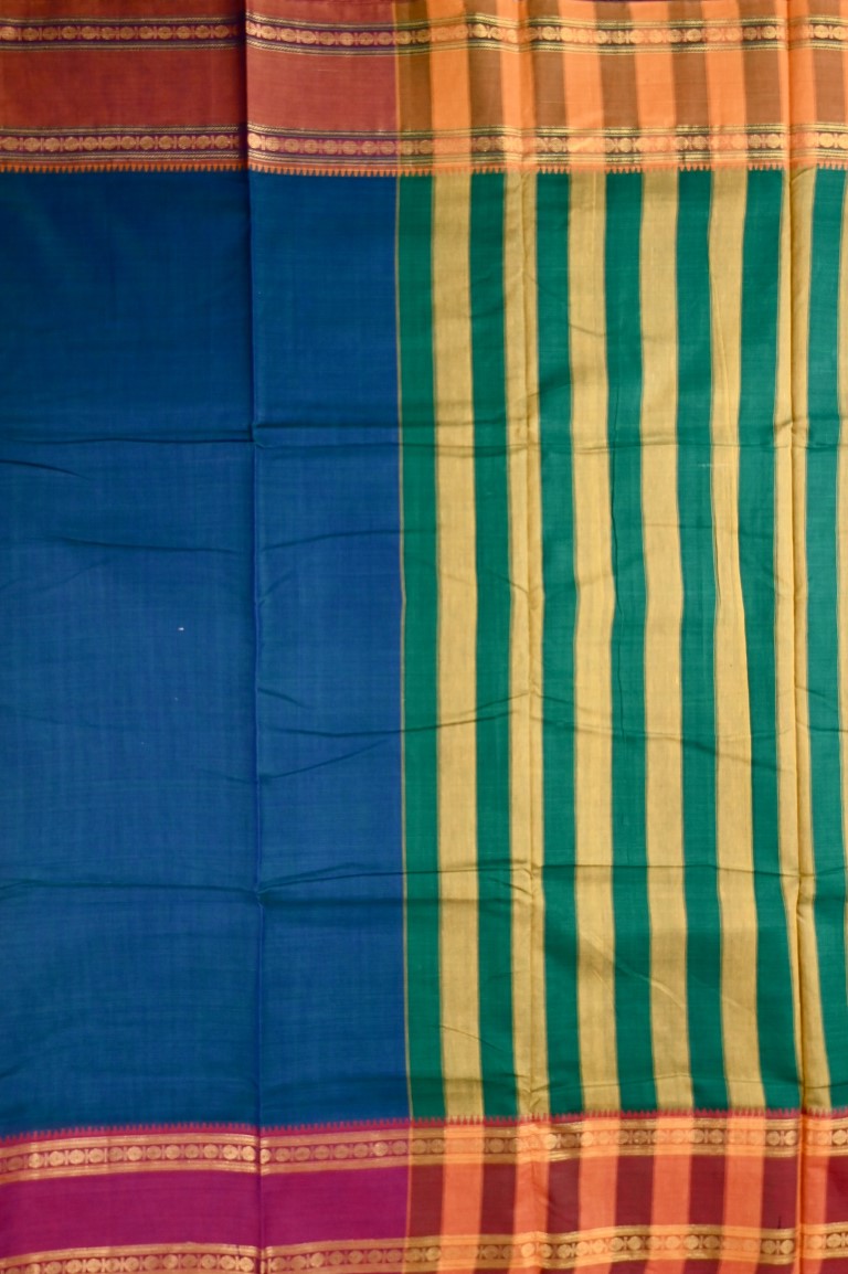 Narayanpet cotton saree peacock green with contrast zari gap border, short pallu and plain blouse.