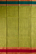 Narayanpet cotton saree green color with contrast zari gap border, short pallu and plain blouse.