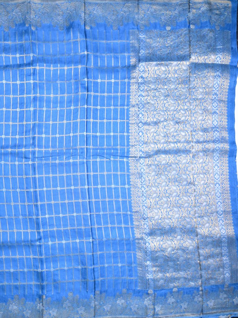 Matka kadhi fancy saree sky blue color allover zari checks with motifs & zari border with short pallu and plain self blouse