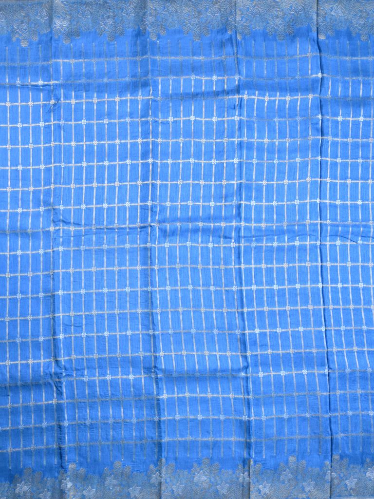 Matka kadhi fancy saree sky blue color allover zari checks with motifs & zari border with short pallu and plain self blouse