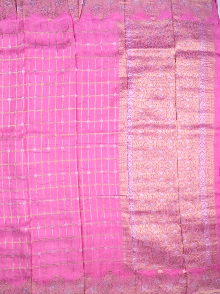 Matka kadhi fancy saree baby pink color allover zari checks with motifs & zari border with short pallu and plain self blouse