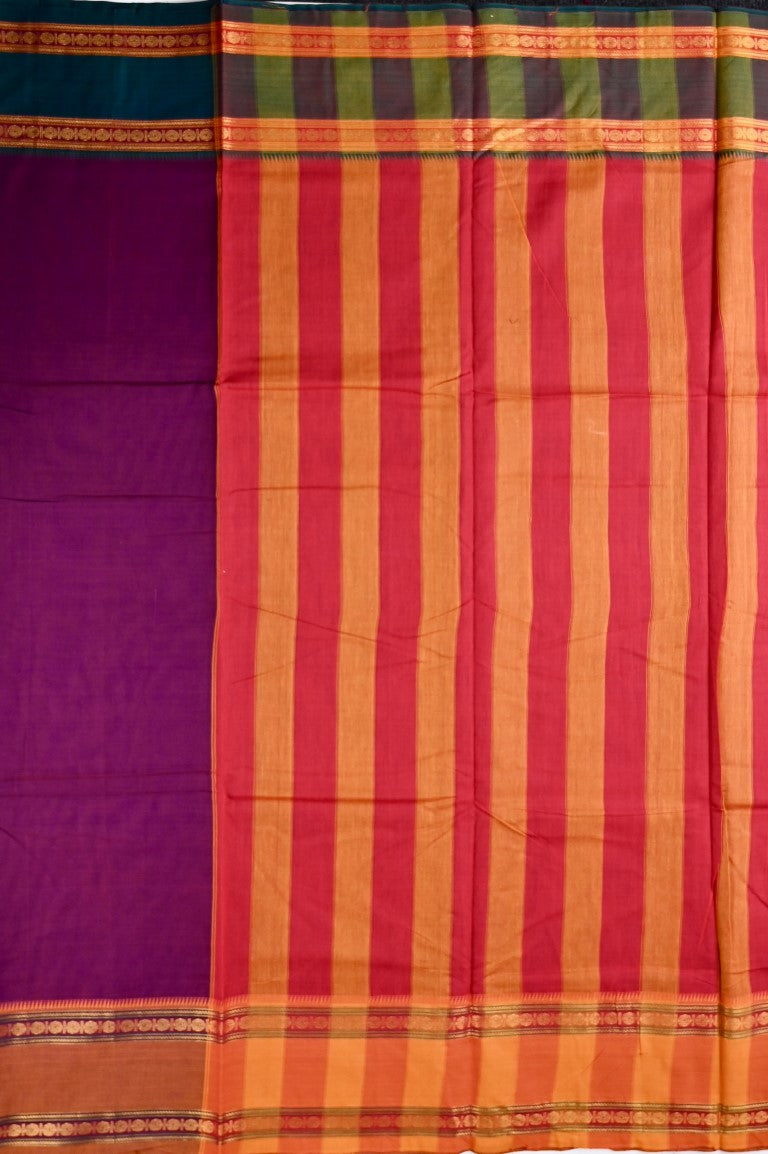Narayanpet cotton saree purple color with contrast zari gap border, short pallu and plain blouse.