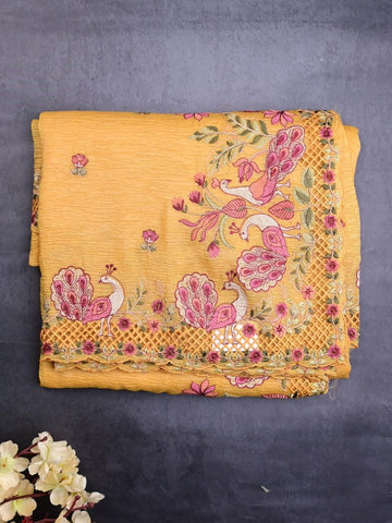 Organza crush fancy sarees golden yellow color allover floral motifs & embroidery border with running pallu and attached plain blouse